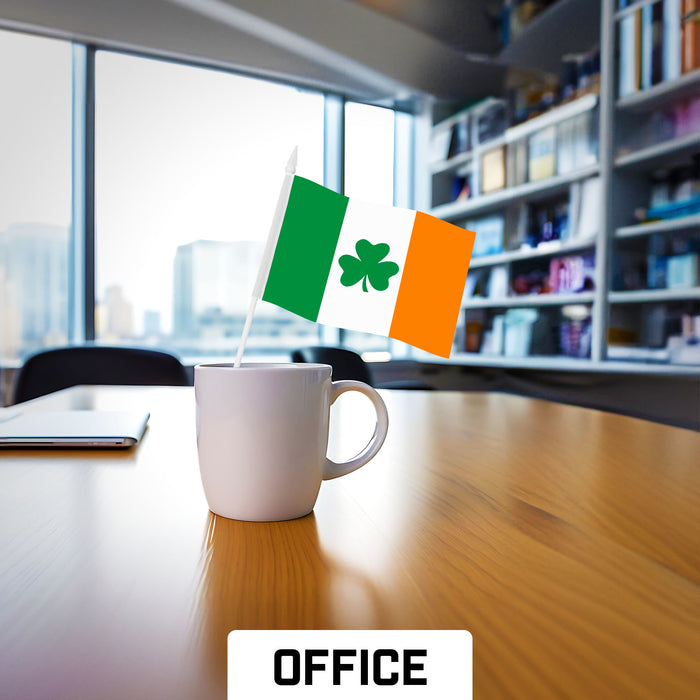 G128 30 Pack Handheld Ireland Shamrock Irish Stick Flags | 4x6 In | Printed 150D Polyester, Country Flag, Solid Plastic Stick, Spear White Tip