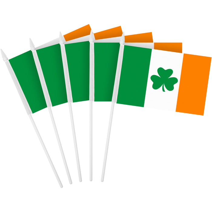 G128 24 Pack Handheld Ireland Shamrock Irish Stick Flags | 4x6 In | Printed 150D Polyester, Country Flag, Solid Plastic Stick, Spear White Tip