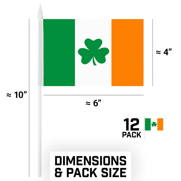 G128 10 Pack Handheld Ireland Shamrock Irish Stick Flags | 4x6 In | Printed 150D Polyester, Country Flag, Solid Plastic Stick, Spear White Tip