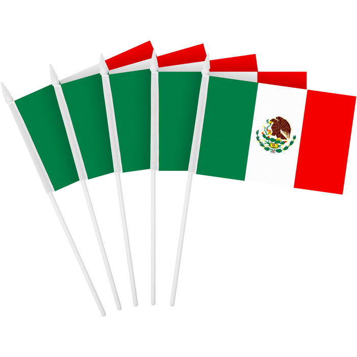 G128 24 Pack Handheld Mexico Mexican Stick Flags | 4x6 In | Printed 150D Polyester, Country Flag, Solid Plastic Stick, Spear White Tip