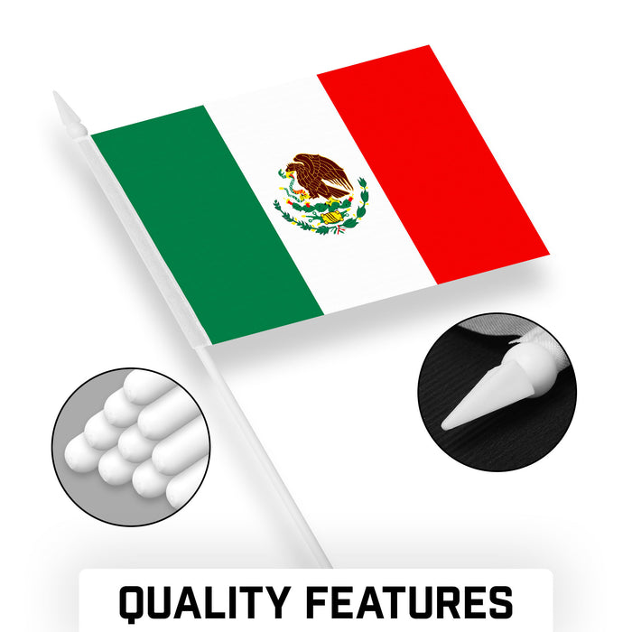 G128 30 Pack Handheld Mexico Mexican Stick Flags | 4x6 In | Printed 150D Polyester, Country Flag, Solid Plastic Stick, Spear White Tip