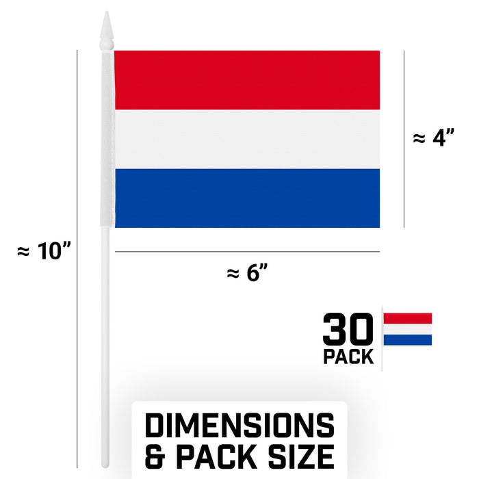 G128 30 Pack Handheld Netherlands Dutch Stick Flags | 4x6 In | Printed 150D Polyester, Country Flag, Solid Plastic Stick, Spear White Tip