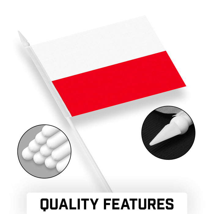 G128 30 Pack Handheld Poland Polish Stick Flags | 4x6 In | Printed 150D Polyester, Country Flag, Solid Plastic Stick, Spear White Tip
