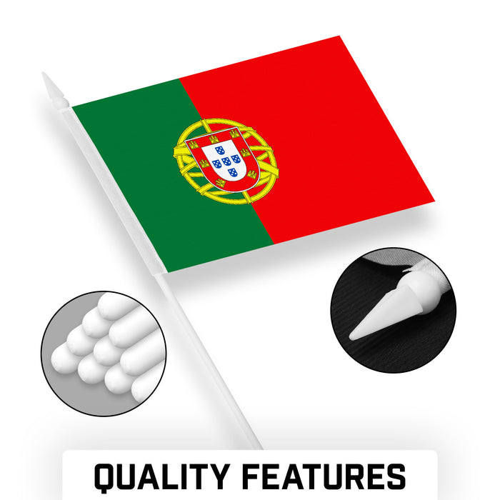 G128 10 Pack Handheld Portugal Portuguese Stick Flags | 4x6 In | Printed 150D Polyester, Country Flag, Solid Plastic Stick, Spear White Tip