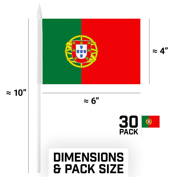 G128 30 Pack Handheld Portugal Portuguese Stick Flags | 4x6 In | Printed 150D Polyester, Country Flag, Solid Plastic Stick, Spear White Tip