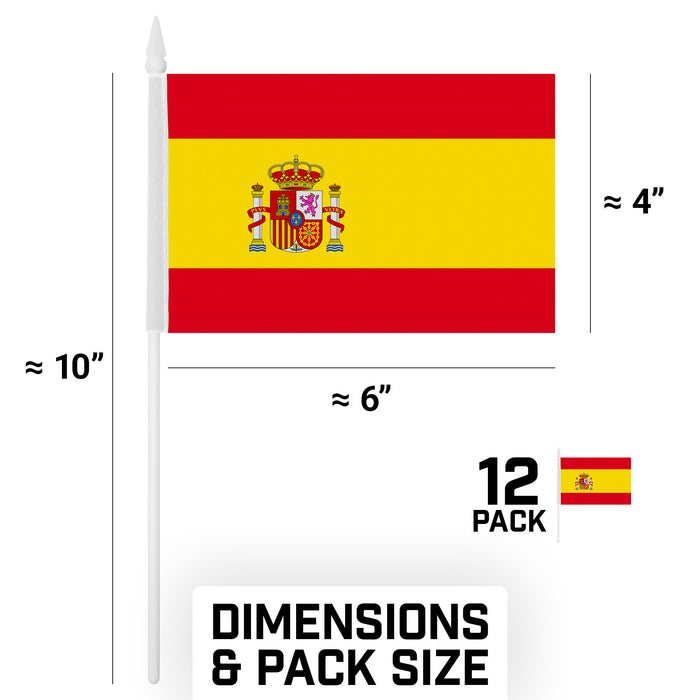 G128 10 Pack Handheld Spain Spanish Stick Flags | 4x6 In | Printed 150D Polyester, Country Flag, Solid Plastic Stick, Spear White Tip