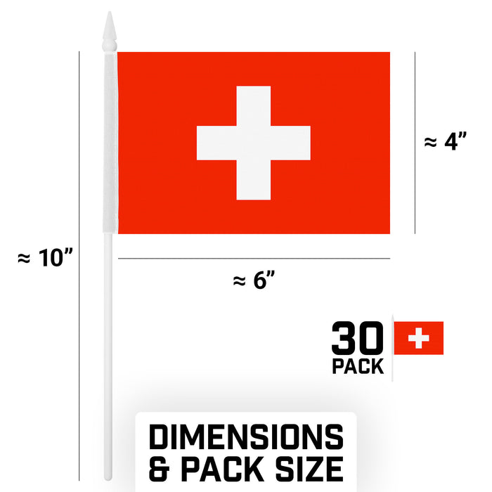 G128 30 Pack Handheld Switzerland Swiss Stick Flags | 4x6 In | Printed 150D Polyester, Country Flag, Solid Plastic Stick, Spear White Tip