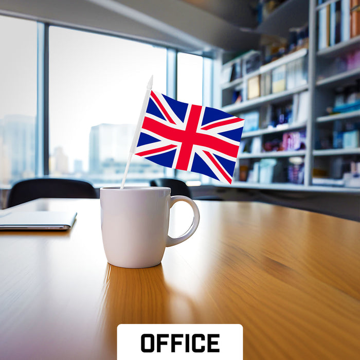 G128 10 Pack Handheld United Kingdom UK Stick Flags | 4x6 In | Printed 150D Polyester, Country Flag, Solid Plastic Stick, Spear White Tip