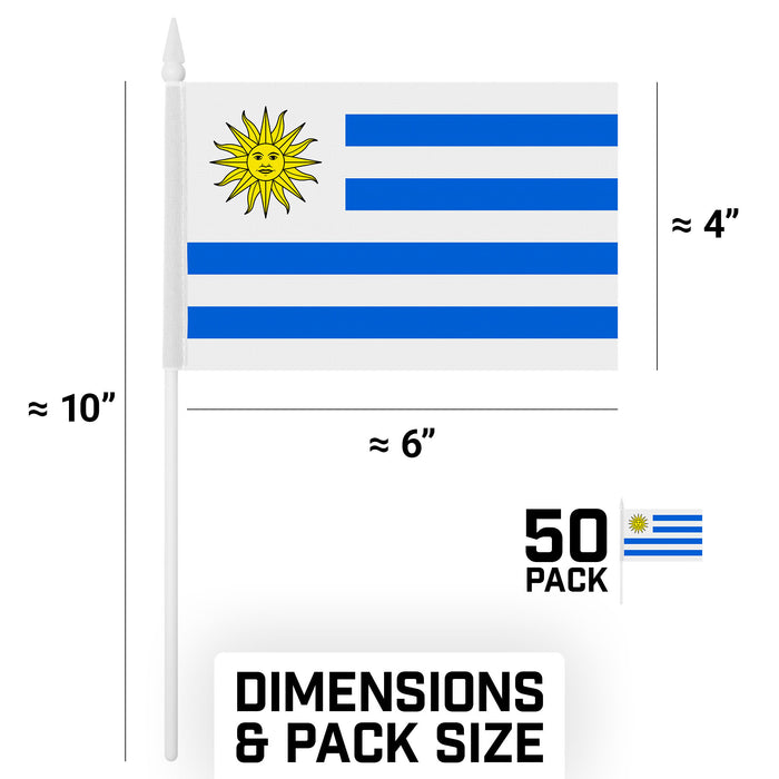 G128 50 Pack Handheld Uruguay Uruguayan Stick Flags | 4x6 In | Printed 150D Polyester, Country Flag, Solid Plastic Stick, Spear White Tip