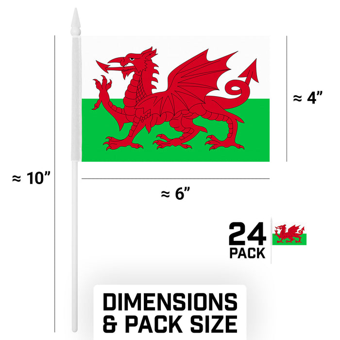G128 24 Pack Handheld Wales Welsh Stick Flags | 4x6 In | Printed 150D Polyester, Country Flag, Solid Plastic Stick, Spear White Tip