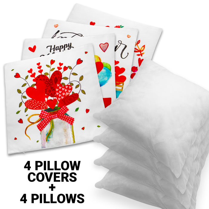 G128 Valentine's Day Decoration Love Heart Waterproof Throw Pillow | 18 x 18 In | Set of 4, Beautiful Cushion Covers for Valentine's Day Sofa Couch Decoration, Pillow Insert Included