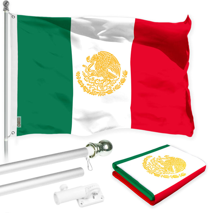 G128 Combo Pack: 6 Ft Tangle Free Aluminum Spinning Flagpole (Silver) & Mexico Mexican Golden Coat of Arms Flag 3x5 Ft, LiteWeave Pro Series Printed 150D Polyester | Pole with Flag Included