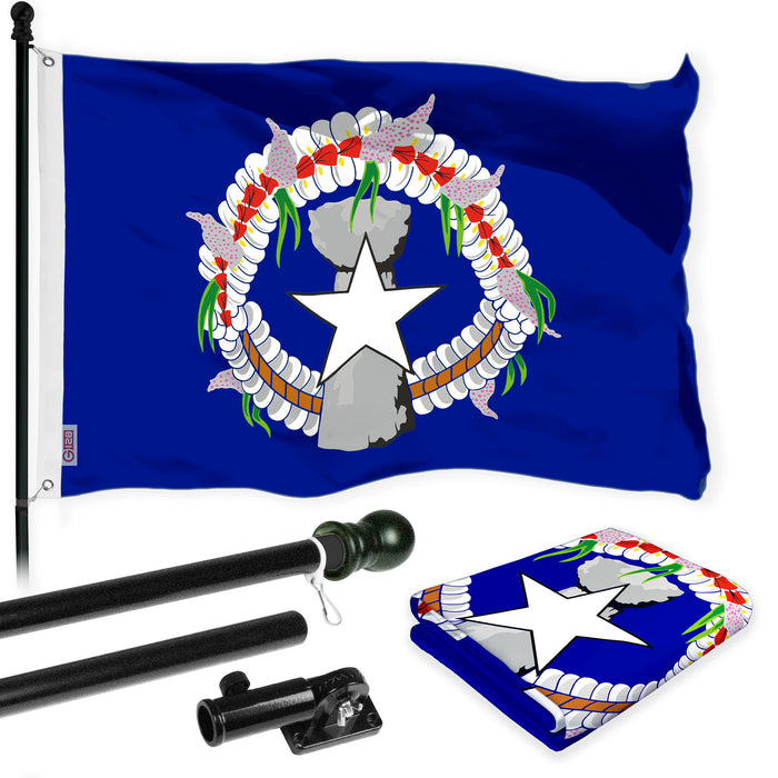 G128 Combo Pack: 6 Ft Tangle Free Aluminum Spinning Flagpole (Black) & Northern Marianas MP  3x5 Ft, LiteWeave Pro Series Printed 150D Polyester | Pole with Flag Included