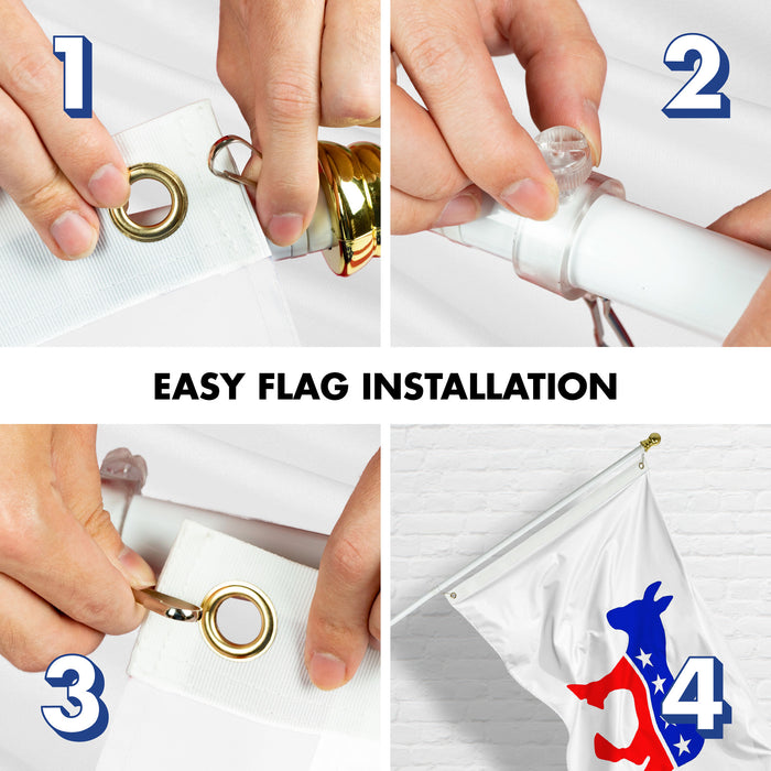 G128 Combo Pack: 6 Ft Tangle Free Aluminum Spinning Flagpole (White) & Democratic Party Flag 3x5 Ft, LiteWeave Pro Series Printed 150D Polyester | Pole with Flag Included