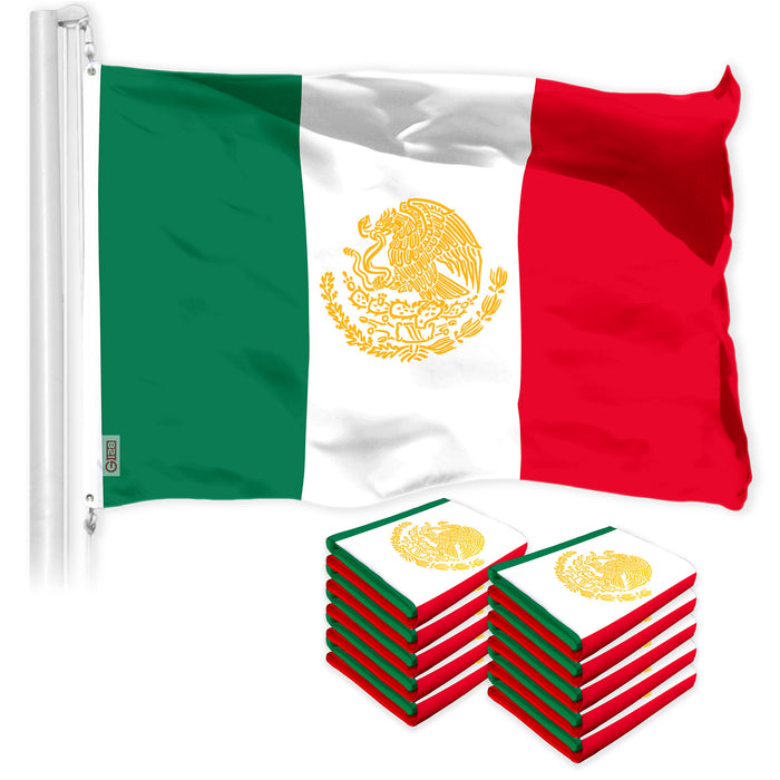 G128 10 Pack: Mexico Mexican Golden Coat of Arms Flag | 3x5 Ft | LiteWeave Pro Series Printed 150D Polyester | Country Flag, Indoor/Outdoor, Vibrant Colors, Brass Grommets