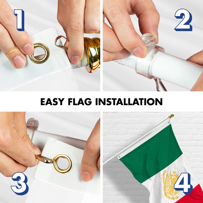 G128 Combo Pack: 6 Ft Tangle Free Aluminum Spinning Flagpole (White) & Mexico Mexican Golden Coat of Arms Flag 3x5 Ft, LiteWeave Pro Series Printed 150D Polyester | Pole with Flag Included