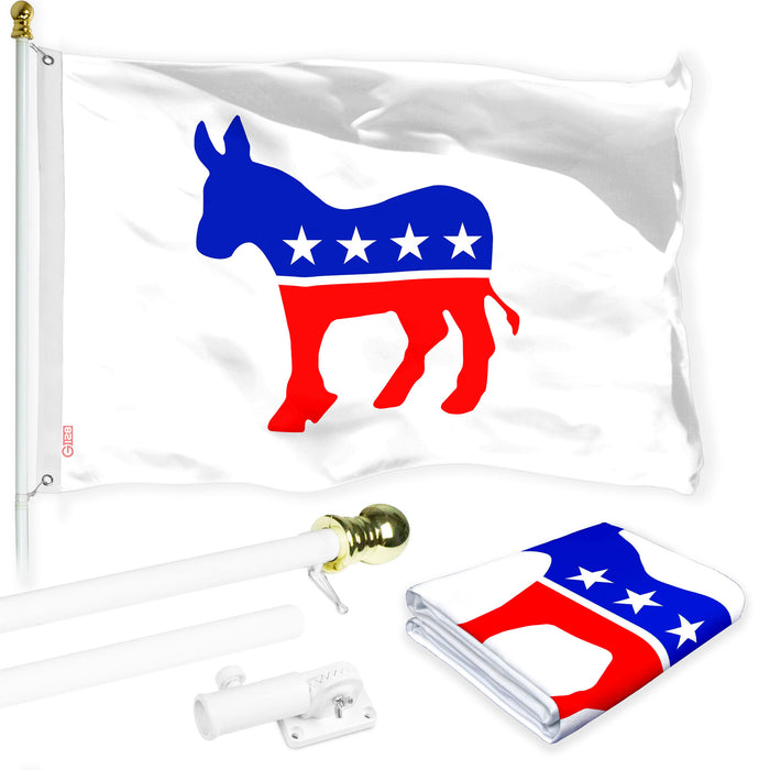 G128 Combo Pack: 6 Ft Tangle Free Aluminum Spinning Flagpole (White) & Democratic Party Flag 3x5 Ft, LiteWeave Pro Series Printed 150D Polyester | Pole with Flag Included