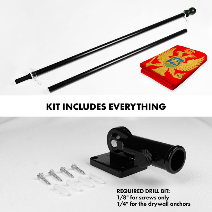 G128 Combo Pack: 6 Ft Tangle Free Aluminum Spinning Flagpole (Black) & Montenegro Montenegrin Flag 3x5 Ft, LiteWeave Pro Series Printed 150D Polyester | Pole with Flag Included