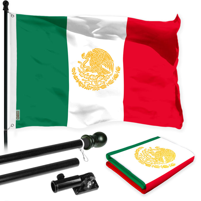 G128 Combo Pack: 6 Ft Tangle Free Aluminum Spinning Flagpole (Black) & Mexico Mexican Golden Coat of Arms Flag 3x5 Ft, LiteWeave Pro Series Printed 150D Polyester | Pole with Flag Included