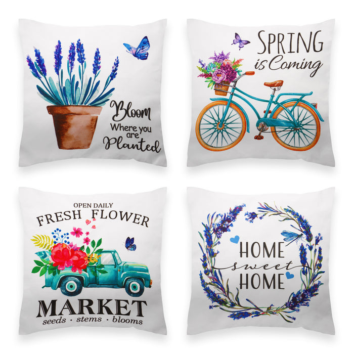 G128 Spring Decoration Farmhouse Flowers Bloom Waterproof Throw Pillow | 18 x 18 in | Set of 4, Beautiful Cushion Covers for Spring Sofa Couch Decoration, Pillow Insert Included