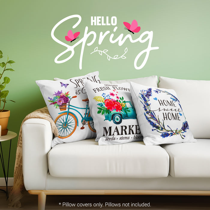 G128 Spring Decoration Farmhouse Flowers Bloom Waterproof Throw Pillow Covers | 18 x 18 in | Set of 4, Beautiful Cushion Covers for Spring Sofa Couch Decoration