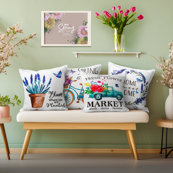 G128 Spring Decoration Farmhouse Flowers Bloom Waterproof Throw Pillow | 18 x 18 in | Set of 4, Beautiful Cushion Covers for Spring Sofa Couch Decoration, Pillow Insert Included