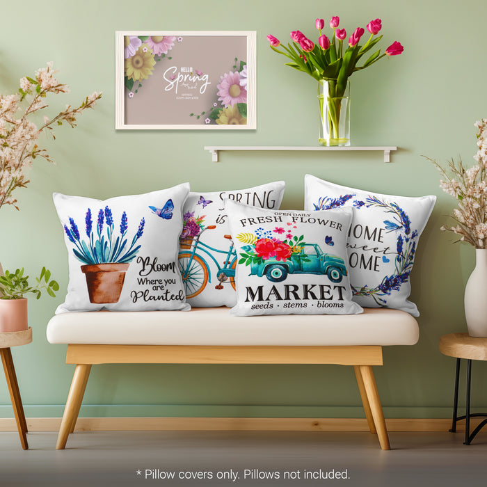 G128 Spring Decoration Farmhouse Flowers Bloom Waterproof Throw Pillow Covers | 18 x 18 in | Set of 4, Beautiful Cushion Covers for Spring Sofa Couch Decoration