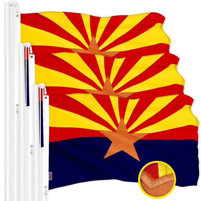 G128 3 Pack: Arizona AZ State Flag | 2x3 Ft | ToughWeave Series Embroidered 300D Polyester | Embroidered Design, Indoor/Outdoor, Brass Grommets