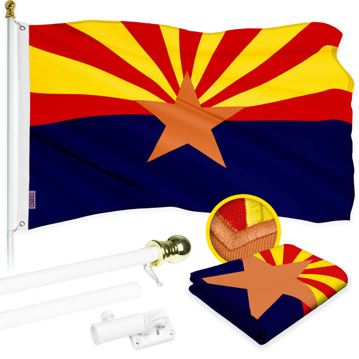 G128 Combo Pack: 5 Ft Tangle Free Aluminum Spinning Flagpole (White) & Arizona AZ  2.5x4 Ft, ToughWeave Series Embroidered 300D Polyester | Pole with Flag Included