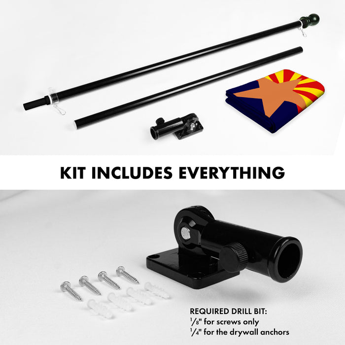 G128 Combo Pack: 5 Ft Tangle Free Aluminum Spinning Flagpole (Black) & Arizona AZ State Flag 2.5x4 Ft, ToughWeave Series Embroidered 300D Polyester | Pole with Flag Included