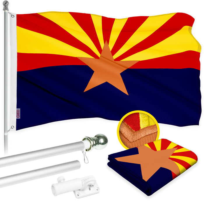 G128 Combo Pack: 5 Ft Tangle Free Aluminum Spinning Flagpole (Silver) & Arizona AZ  2x3 Ft, ToughWeave Series Embroidered 300D Polyester | Pole with Flag Included