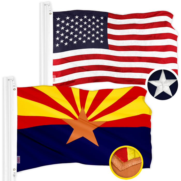 G128 Combo Pack: American USA Flag 1x1.5 Ft & Arizona AZ State Flag 1x1.5 Ft | Both ToughWeave Series Embroidered 300D Polyester, Embroidered Design, Indoor/Outdoor, Brass Grommets