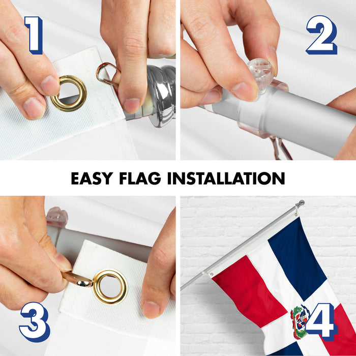 G128 Combo Pack: 6 Ft Tangle Free Aluminum Spinning Flagpole (Silver) & Dominican Republic Flag 3x5 Ft, ToughWeave Series Embroidered 300D Polyester | Pole with Flag Included