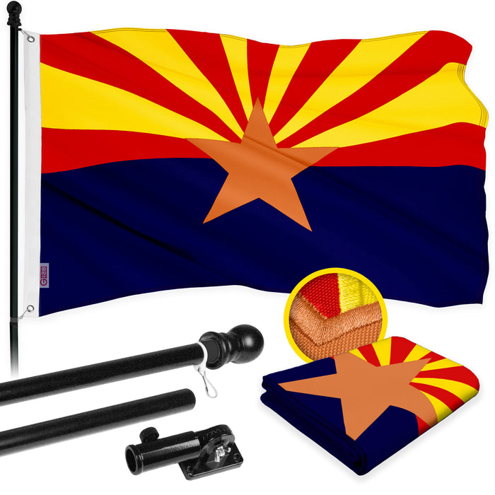 G128 Combo Pack: 5 Ft Tangle Free Aluminum Spinning Flagpole (Black) & Arizona AZ State Flag 2.5x4 Ft, ToughWeave Series Embroidered 300D Polyester | Pole with Flag Included