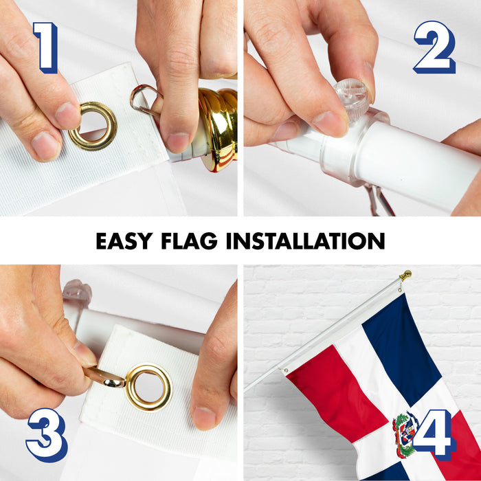 G128 Combo Pack: 6 Ft Tangle Free Aluminum Spinning Flagpole (White) & Dominican Republic Flag 3x5 Ft, ToughWeave Series Embroidered 300D Polyester | Pole with Flag Included
