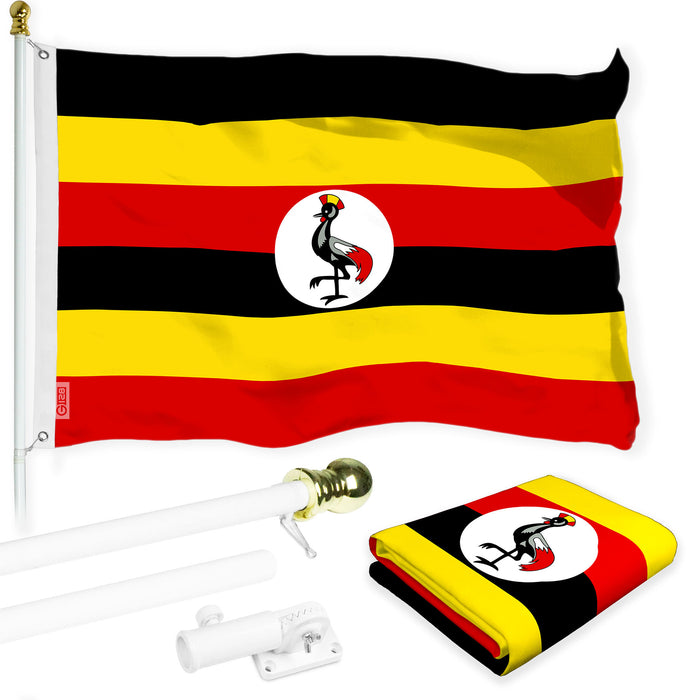 G128 Combo Pack: 6 Ft Tangle Free Aluminum Spinning Flagpole (White) & Uganda Ugandan | 3x5 Ft | LiteWeave Pro Series Printed 150D Polyester | Pole with Flag Included