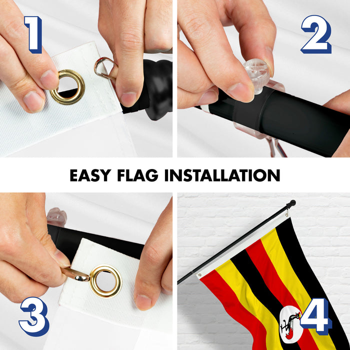 G128 Combo Pack: 6 Ft Tangle Free Aluminum Spinning Flagpole (Black) & Uganda Ugandan | 3x5 Ft | LiteWeave Pro Series Printed 150D Polyester | Pole with Flag Included