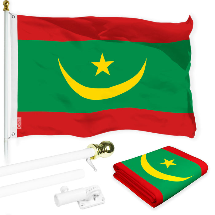 G128 Combo Pack: 6 Ft Tangle Free Aluminum Spinning Flagpole (White) & Mauritania Mauritanian | 3x5 Ft | LiteWeave Pro Series Printed 150D Polyester | Pole with Flag Included