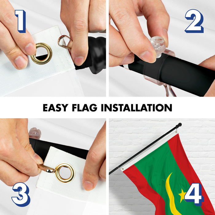 G128 Combo Pack: 6 Ft Tangle Free Aluminum Spinning Flagpole (Black) & Mauritania Mauritanian | 3x5 Ft | LiteWeave Pro Series Printed 150D Polyester | Pole with Flag Included
