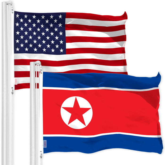 G128 Combo Pack: American USA Flag 3x5 Ft & North Korea North Korean Flag 3x5 Ft | Both LiteWeave Pro Series Printed 150D Polyester | Country Flag, Indoor/Outdoor, Vibrant Colors, Brass Grommets