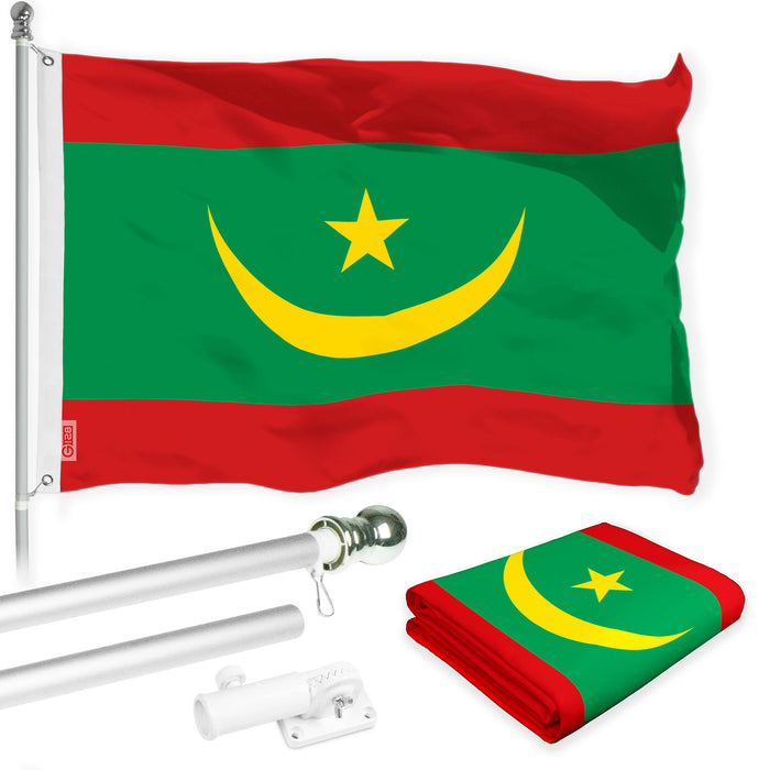 G128 Combo Pack: 6 Ft Tangle Free Aluminum Spinning Flagpole (Silver) & Mauritania Mauritanian | 3x5 Ft | LiteWeave Pro Series Printed 150D Polyester | Pole with Flag Included