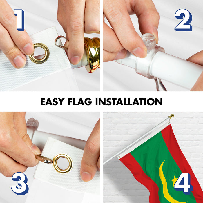 G128 Combo Pack: 6 Ft Tangle Free Aluminum Spinning Flagpole (White) & Mauritania Mauritanian | 3x5 Ft | LiteWeave Pro Series Printed 150D Polyester | Pole with Flag Included