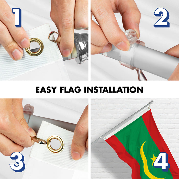 G128 Combo Pack: 6 Ft Tangle Free Aluminum Spinning Flagpole (Silver) & Mauritania Mauritanian | 3x5 Ft | LiteWeave Pro Series Printed 150D Polyester | Pole with Flag Included