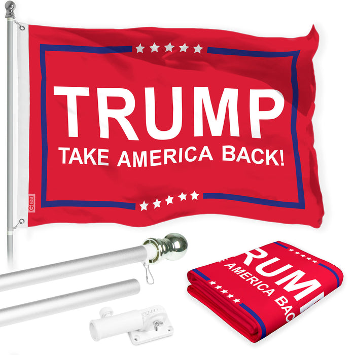 G128 Combo Pack: 6 Ft Tangle Free Aluminum Spinning Flagpole (Silver) & Trump Take America Back Red Flag | 3x5 Ft |LiteWeave Pro Series Printed 150D Polyester | Pole with Flag Included