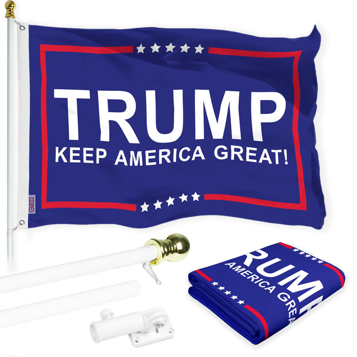 G128 Combo Pack: 6 Ft Tangle Free Aluminum Spinning Flagpole (White) & Trump Keep America Great Blue Flag | 3x5 Ft |LiteWeave Pro Series Printed 150D Polyester | Pole with Flag Included