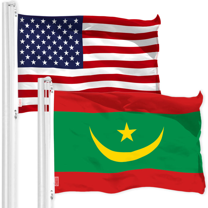 G128 Combo Pack: American USA Flag 3x5 Ft & Mauritania Mauritanian Flag 3x5 Ft | Both LiteWeave Pro Series Printed 150D Polyester | Country Flag, Indoor/Outdoor, Vibrant Colors, Brass Grommets
