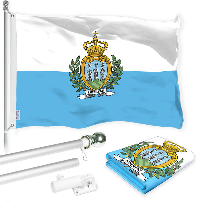 G128 Combo Pack: 6 Ft Tangle Free Aluminum Spinning Flagpole (Silver) & San Marino Sammarinese | 3x5 Ft | LiteWeave Pro Series Printed 150D Polyester | Pole with Flag Included