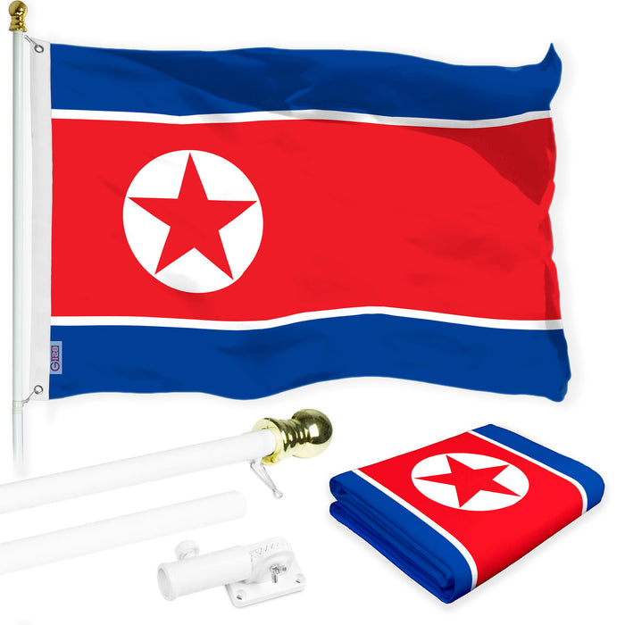 G128 Combo Pack: 6 Ft Tangle Free Aluminum Spinning Flagpole (White) & North Korea North Korean | 3x5 Ft | LiteWeave Pro Series Printed 150D Polyester | Pole with Flag Included