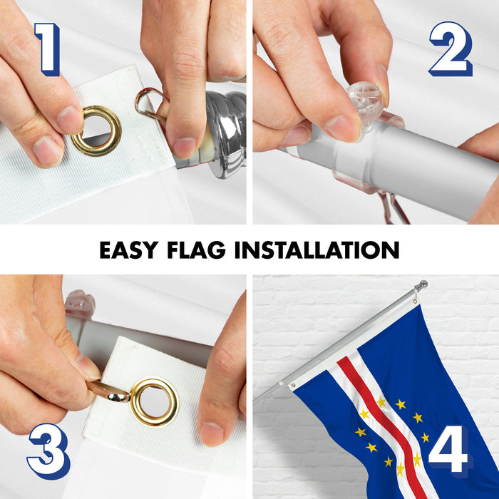 G128 Combo Pack: 6 Ft Tangle Free Aluminum Spinning Flagpole (Silver) & Cape Verde Cape Verdean | 3x5 Ft | LiteWeave Pro Series Printed 150D Polyester | Pole with Flag Included