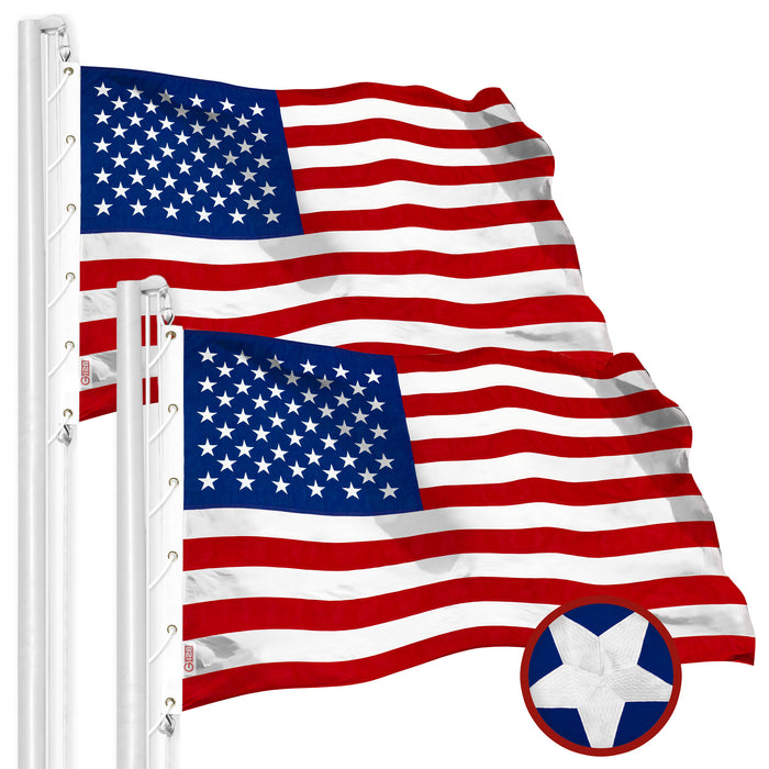 G128 2 Pack: American USA Flag | 15x25 Ft | StormFlyer Series Embroidered 220GSM Spun Polyester | Country Flag, Embroidered Stars, Sewn Stripes, Indoor/Outdoor, Brass Grommets, Heavy Duty, All Weather